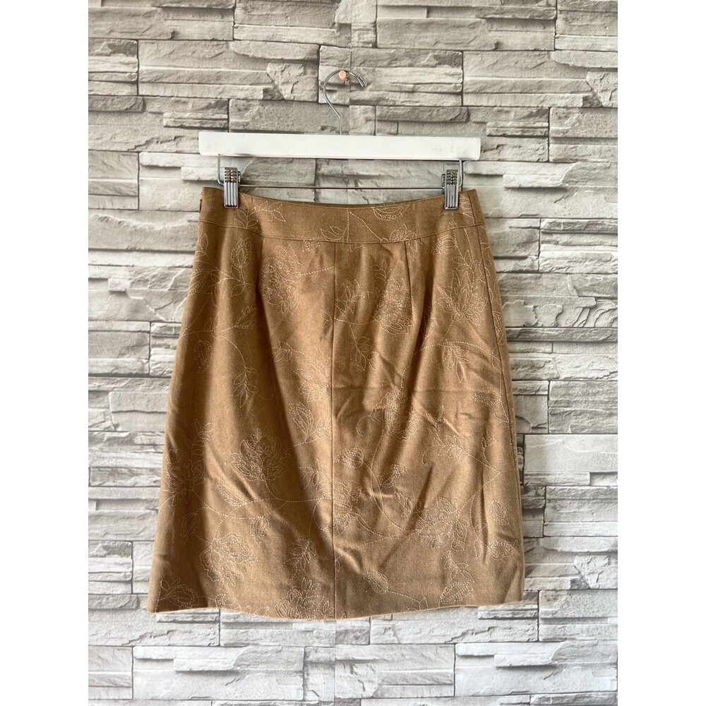 Ann Taylor Skirt Womens 2 Tan Embroidered Wool Blend Lined Mid Length Side Zip